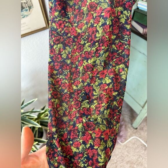 Free People Easy Rider Blue Green Red Rose Floral Sheer Button Up Blouse Sz M - Picture 4 of 12